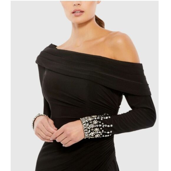 Mac Duggal Black Foldover Long Sleeve Jeweled Midi Dress SIZE 6 NWT Retail $258 - Picture 4 of 14